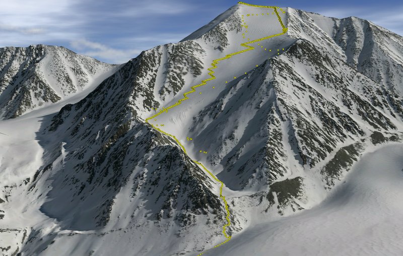 Mount Isto, with every on-the-ground GPS measurement shown in yellow (Image: Nolan & DesLauriers, The Cryosphere, 2016)